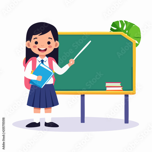 Student with Pointer Stick and Books at Green Blackboard