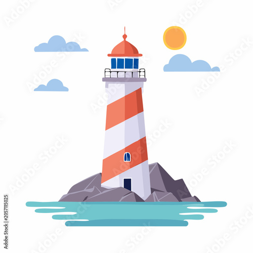 Striped Lighthouse on Rocky Island with Sun and Clouds