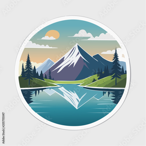 Stylized Mountain Lake Landscape with Sun and Clouds