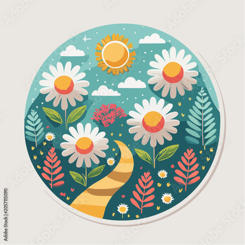 Whimsical Daisy Field with Sun and Clouds
