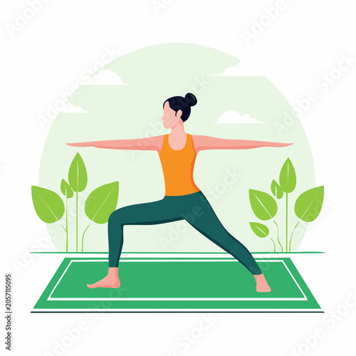 Woman practicing yoga warrior pose outdoors with plants and clouds