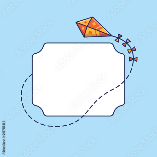 A colorful kite flying above a blank white message frame