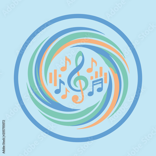 A colorful circular emblem featuring various musical notes and symbols