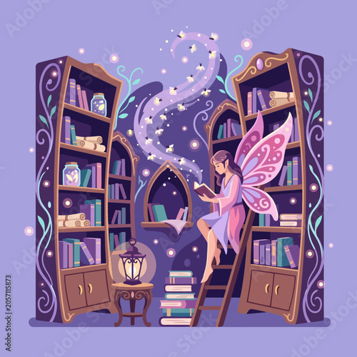 A magical fairy reads a book in a mystical library room