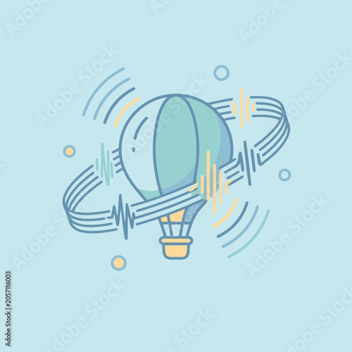 A stylized hot air balloon floating with abstract sound wave rings