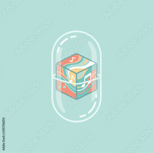 A colorful musical cube is inside a clear medical capsule