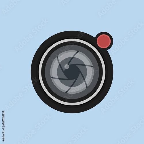 Flat vector icon of a camera lens with a red recording light