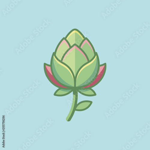 Flat design illustration of a green artichoke with pink tips