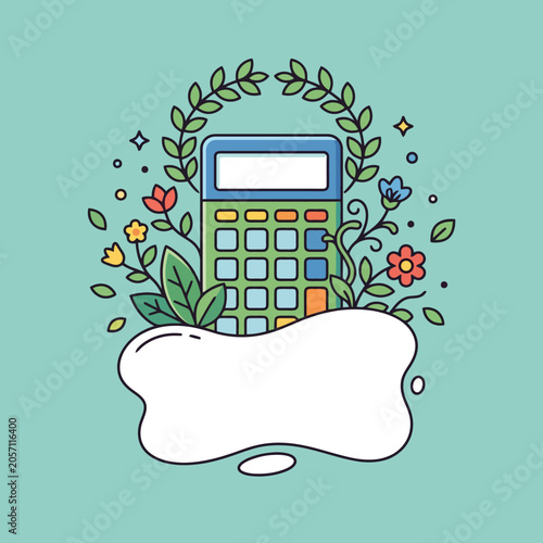 A colorful calculator surrounded by floral elements and green leaves
