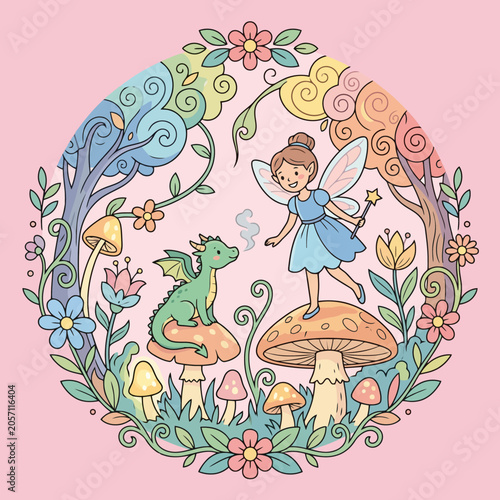 A cute fairy meets a small green dragon on a mushroom