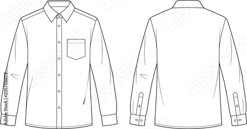 Front and Back Long Sleeve Button Down Shirt Technical Fashion Flat Sketch with Chest Pocket Detail