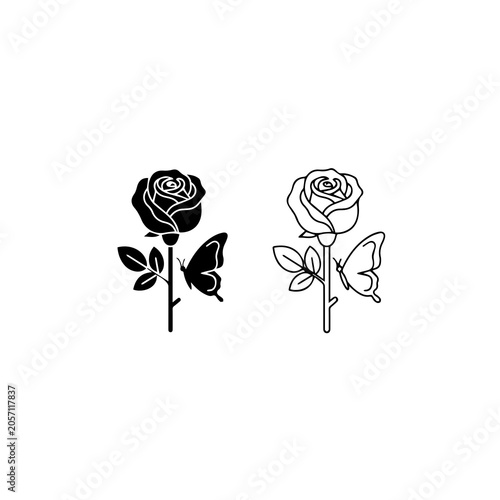 Minimalist Rose Flower With Butterfly Line Art Icon
