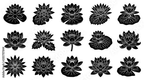 Black and White Line Art Lotus Flower Vector Icons Set, Nature Symbol