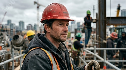 Profile portrait of a rugged male construction worker wearing a red hard hat, standing on a busy building site with crew members and city skyline behind.