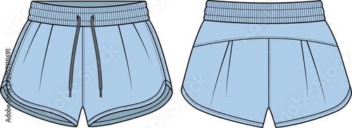 Photos Front and Back Women Running Shorts Technical Fashion Flat Template with Elastic