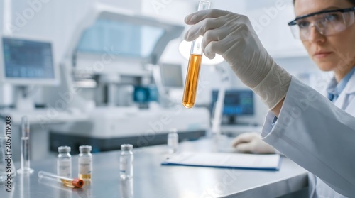 Medical Research Scientist Holding Sample Tube During Laboratory Testing Procedure