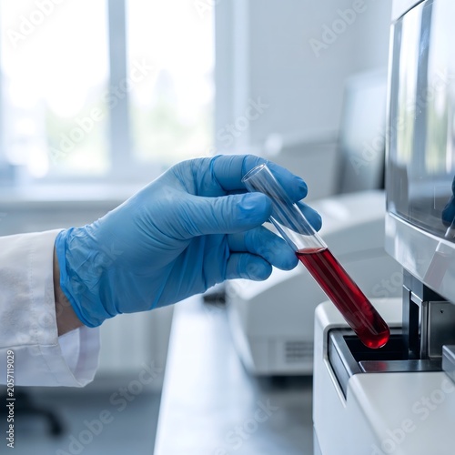 Laboratory Technician Processing Blood Sample with Clinical Testing Equipment