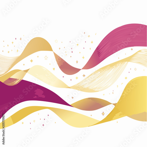 Abstract flowing waves with golden and magenta colors and sparkling stars