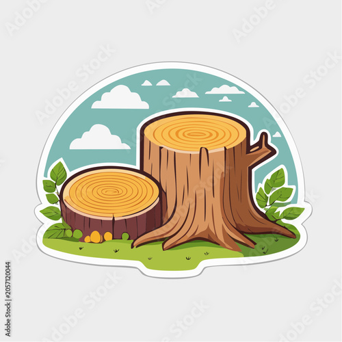 Cartoon Tree Stumps with Leaves and Clouds