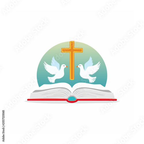 Christian cross with doves and open book