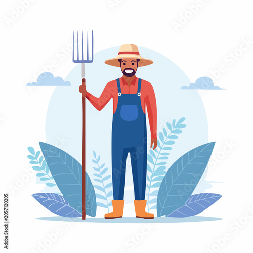 Farmer Holding Pitchfork with Plants and Clouds