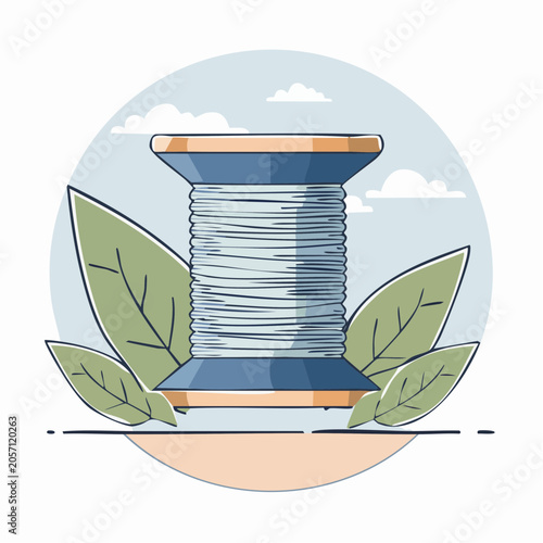 Illustration of a spool of thread with leaves and clouds