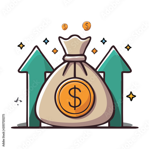 Money bag with growing arrows and coins illustration