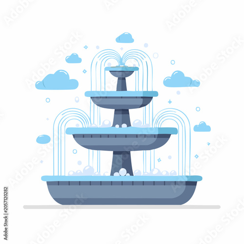 Multi-tiered fountain with water jets and clouds