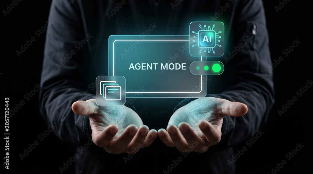 Obraz premium Smart Agent Mode Panel Floats Above Cupped Hands to Display Processing Chip, Toggle System Status, Stack Configuration Cards, and Automate Digital Control