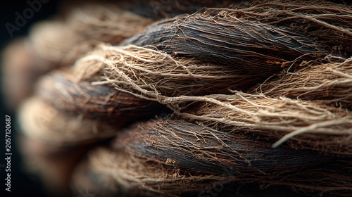 Close-up of knotted, weathered rope fibers showing detailed texture and natural fibers