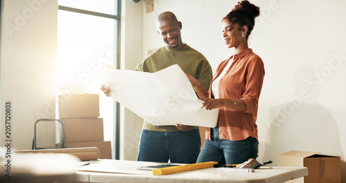 Obraz na plátně Blueprint, boxes and interior design with couple in new home together for diy project or renovation