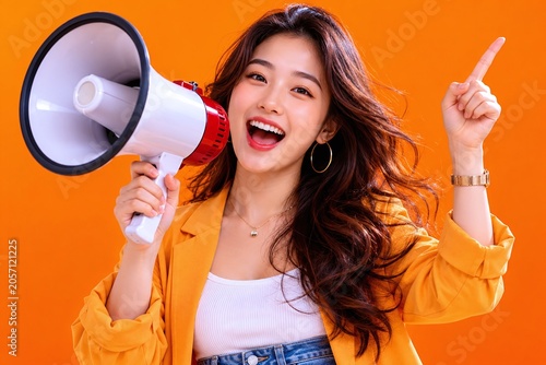 Enthusiastic Young Asian Woman in Yellow Jacket Holding Megaphone and Pointing Up, Cheerful Female Promoter Making Announcement on Orange Background for Marketing Sale and Promotion