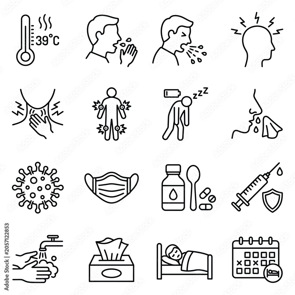 Fototapeta premium Medical Symptoms and Healthcare Prevention Icons Set Outline Vector Illustration