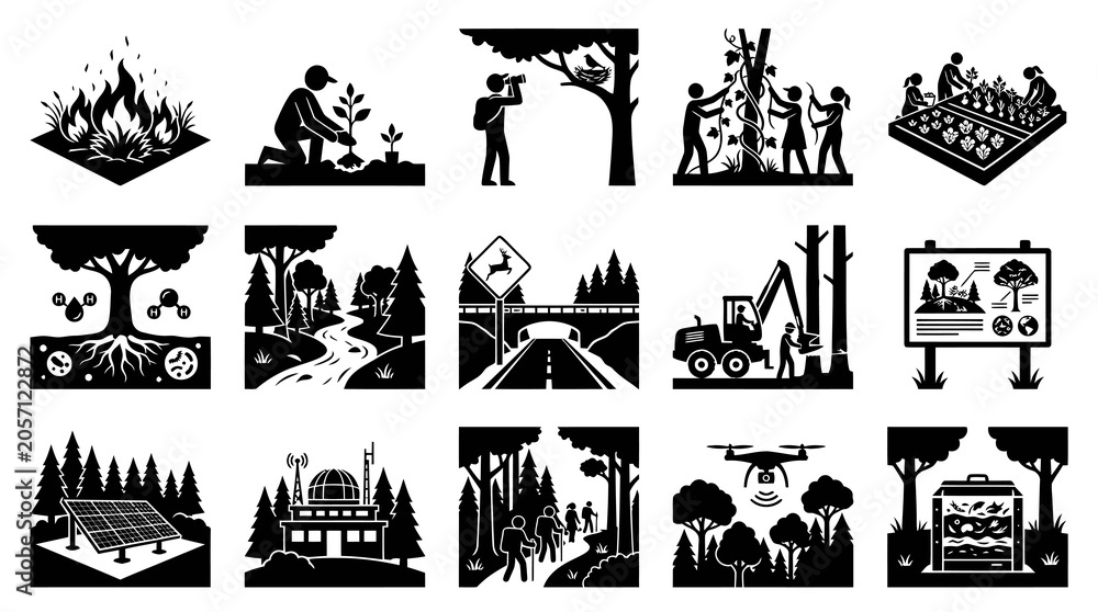 Fototapeta premium Black White Environmental Protection and Forestry Glyph Icons Set. Nature Conservation Activities, Ecosystems Management Pictograms.