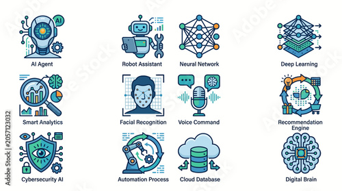AI Technology Icons Set Machine Learning, Automation, Cybersecurity, and Digital Brain