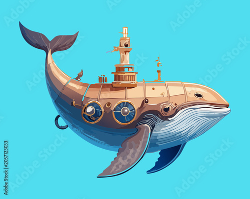 Cuadro en lienzo Creative vector illustration of a steampunk submarine whale vessel with pipes an