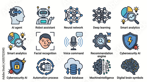 Modern duotone vector icon collection for artificial intelligence, machine learning, and data technology, ideal for digital design