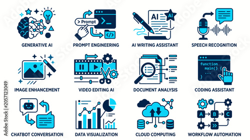 Professional Set of Modern Duotone Vector Icons Illustrating Advanced Artificial Intelligence Technologies and Automated Digital Software Processes