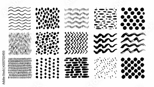 A Collection Of Twelve Black Ink Brush Stroke Patterns On A White Background