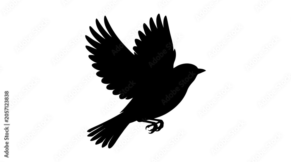 Fototapeta premium Dynamic black silhouette of a bird in soaring flight, wings spread wide, embodying concepts of freedom, nature, and elegant avian motion, isolated on a stark white canvas