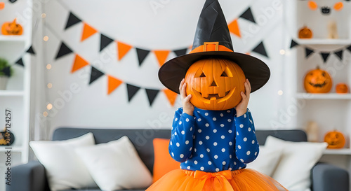 Child in halloween costume with pumpkin head and witch hat celebrating autumn holiday