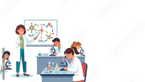 Science classroom scene: students at lab benches use microscopes as a teacher presents molecular diagrams on a whiteboard