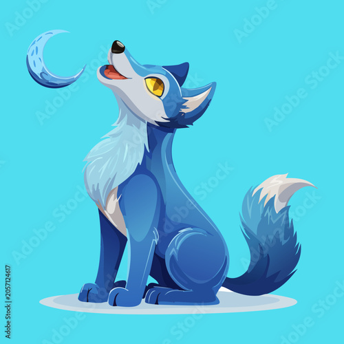 Cuadro en lienzo Serene blue wolf character with glowing crescent moon patterns sitting calmly an