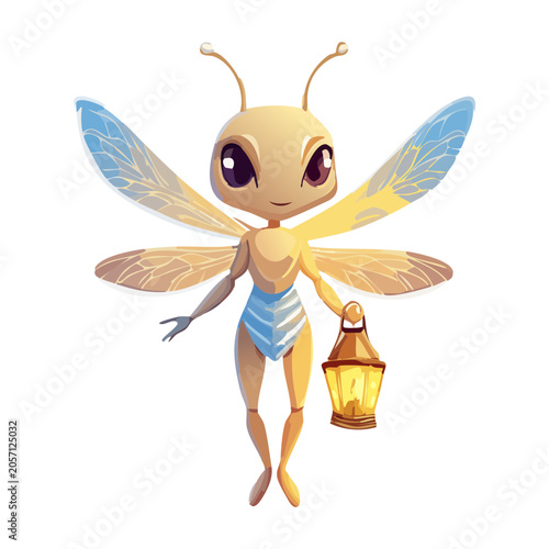 Little glowing bug fairy holding yellow lantern lamp flying around happily with fragile wings in magical secret dreamland world
