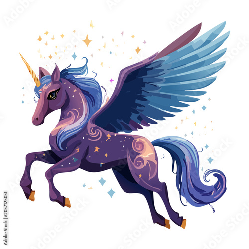 Foto Majestic celestial winged horse unicorn galloping through dark purple space cosm