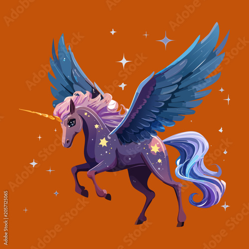 Foto Celestial purple unicorn horse with magnificent blue wings leaping forward elega