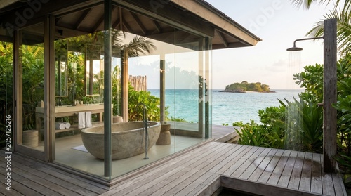 Luxurious outdoor glass-enclosed bathroom with wooden deck and shower, surrounded by lush greenery, overlooking serene turquoise ocean and tropical island at sunset, modern architecture and 