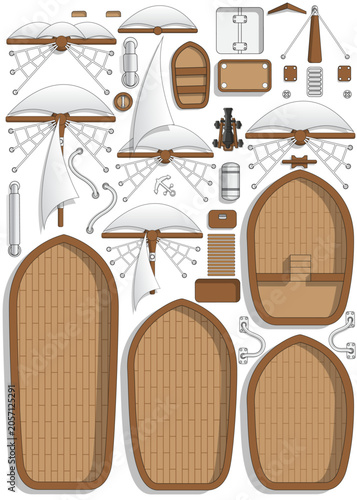 A set of elements for creating sailing ships. View from above. Isolated on white background. Vector illustration.