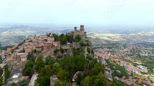 Drone approach to Guaita Tower on Monte Titano, San Marino