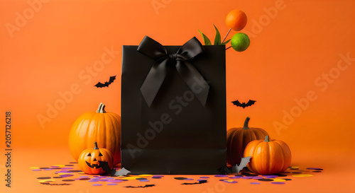 Halloween gift bag with pumpkins and confetti on a vibrant orange background
